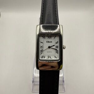 Eikon Women's Watch Black Band Silver Rectangle Bezel (New Battery)
